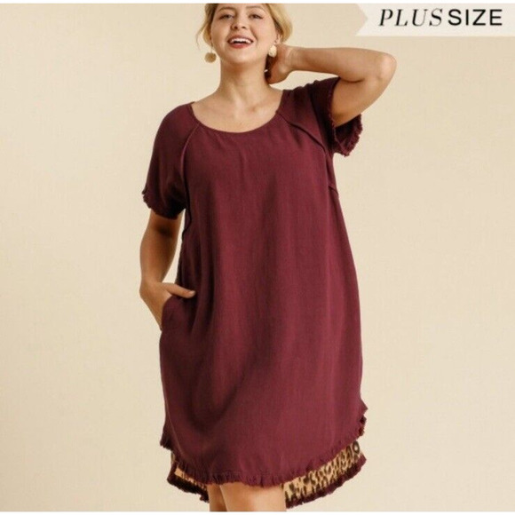 Umgee Womens Wine Animal Back Fishtail Scoop Tunic Dress Size Large Fall Boho - Picture 1 of 15